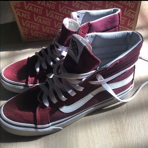 Burgundy wine high top classic suede vans